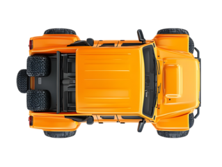Top view of a bright orange off road suv with large tires isolated on transparent background