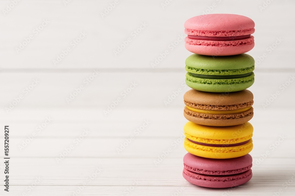 Poster vibrant macarons displayed on a rustic white wooden surface with ample space for text