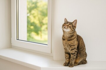 Curious house cat perched on a windowsill, gazing upward in a high-quality photograph.