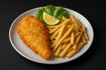 Crispy battered fish served with cheesy potatoes on a white dish against a dark backdrop