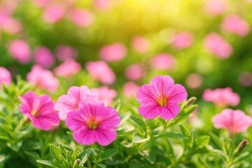 Fototapeta premium Vibrant garden scene with pink petunias, lush green foliage, and sunlit ambiance