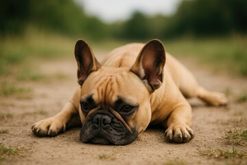 Exhausted French Bulldog resting after a stroll