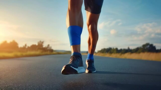 Running Athlete with Strong Legs on Outdoor Road at Sunrise Wearing Blue Compression Socks and Black Shorts, Fitness Motivation for Healthy Lifestyle, Endurance, and Morning Exercise