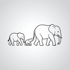 Black Outline Illustration of Elephant Family Walking Adult Baby Elephant Calf Mother Nature