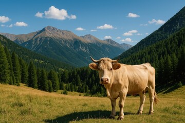 Naklejka premium A herd of cows grazing amidst the mountainous landscape during a bright late summer afternoon