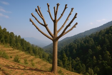 Obraz premium Intensive pruning of a mature hillside tree leading to a bare, branchless appearance to demonstrate agricultural methods.