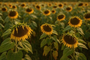 Fototapeta premium Diminishing sunflower blooms during summer in a vast field