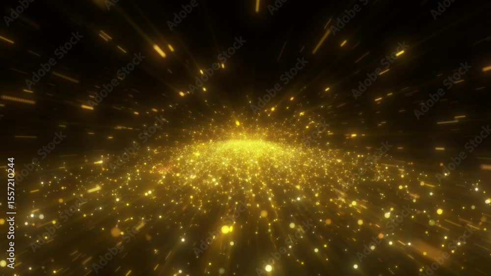 Poster 4k 3d animation of a golden light tunnel with sparkling particles flowing towards the camera. perfec