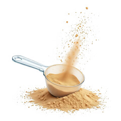Powder supplement flows from a scoop, illustrating nutrition and fitness against a transparent background, perfect for sports or healthy living concepts.