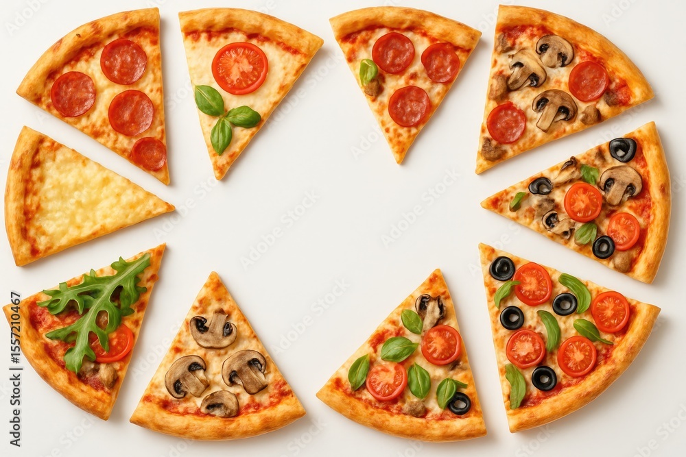 Poster a top-down view of assorted pizza slices arranged on a white surface