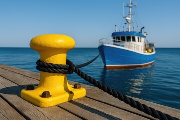 Yellow fishing bollard with a black rope for boat docking at the pier