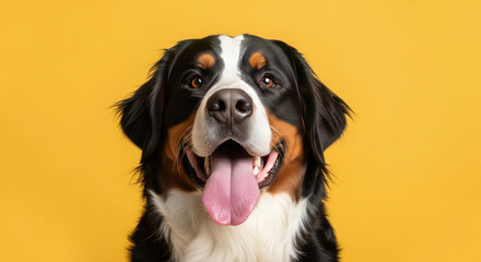 Happy Bernese Mountain Dog Portrait on Yellow Background
