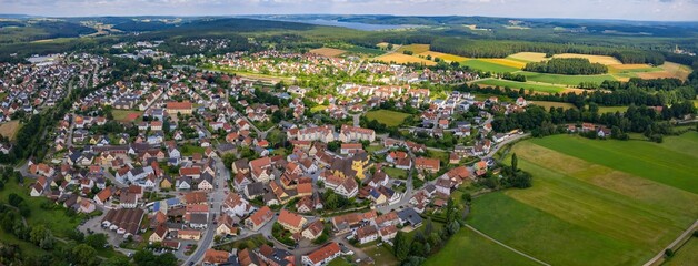 A panorama aerial view around the old town in the city Pleinfeld Germany on a sunny spring noon