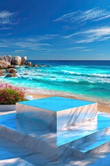 Obraz premium Stone podium for presentation on blurred background of tropical sea sand beach