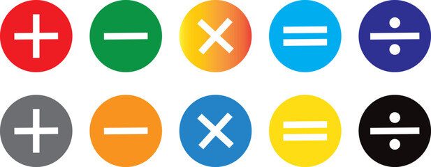 Simple round color red and green minus and plus icon set. Mathematics shapes, simple vector icon calculator illustration,
