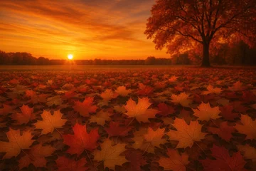 Fotobehang Vibrant fall sunset over a grassy landscape with scattered leaves © AkuAku