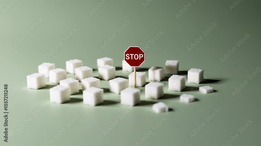 Poster Sugar cubes falling and disappearing near stop sign, representing systematic sugar reduction and commitment to maintaining healthier dietary patterns against background of soft green color