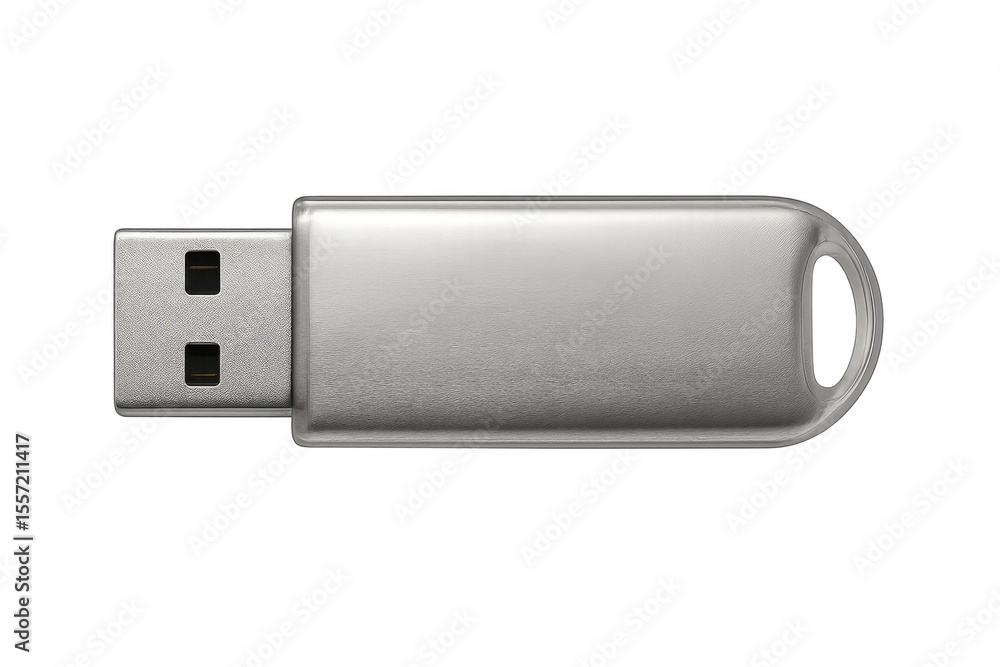 Poster silver usb flash drive with gleaming metallic surface, reflecting light against clean background, st