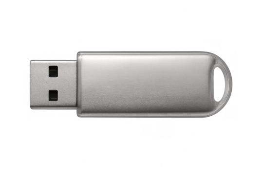 Silver usb flash drive with gleaming metallic surface, reflecting light against clean background, storing digital data efficiently