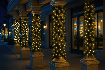 Nighttime street scene featuring decorative concrete pillars adorned with festive garlands in a resort area.