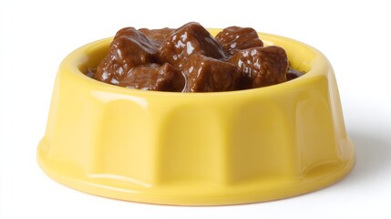 Rich beefy chunks glisten in sunshine-yellow bowl, perfect for pampered pets' feast, echoing National Spoil Your Dog Day delight