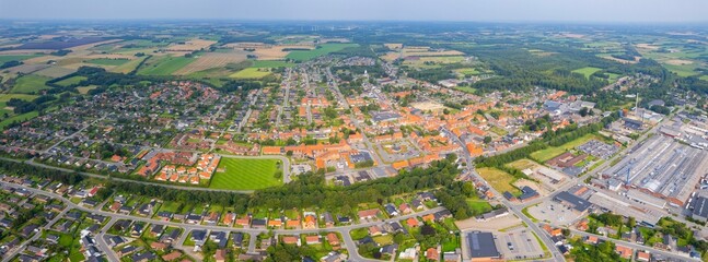 An arial panoramic view of the old town of the city Ølgod or Olgod in Denmark on a sunny spring day	