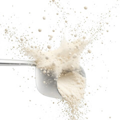 Protein powder bursts from a metal scoop against a stark black backdrop, illustrating nutrition and fitness supplements, transparent background