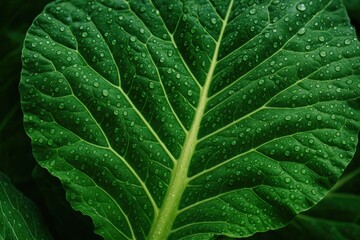 Close-up of water-covered collard greens in macro view
