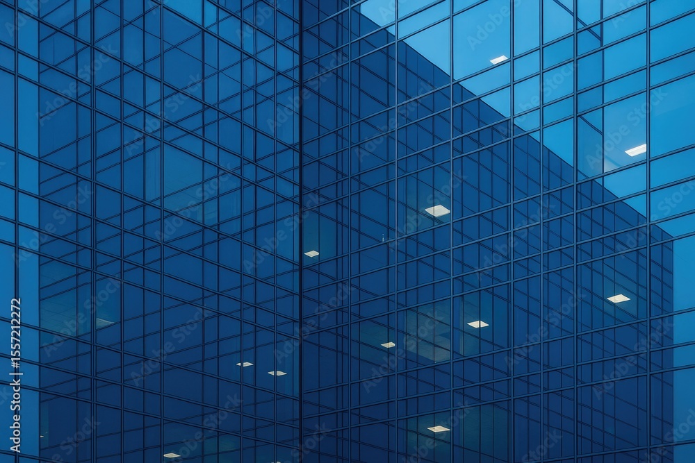Poster detailed view of a contemporary glass and window structure with geometric patterns and illumination