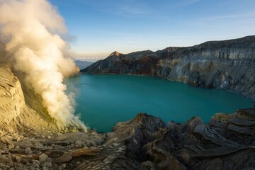 Fototapeta premium Exploring the sulfuric crater lake at the summit of a volcanic mountain, featuring a 200-meter-deep lake and a vast caldera spanning over 5,400 hectares
