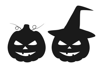 Halloween pumpkin silhouette with and without witch hat Minimalistic Halloween Icon Logo Sticker Set