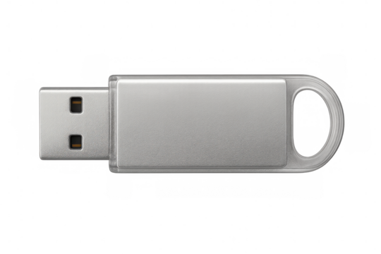 Silver usb flash drive gleaming against transparent backdrop, representing digital storage and data transfer capabilities - Powered by Adobe