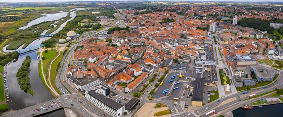 An arial panoramic view of the old town of the city Randers in Denmark on a sunny spring day	