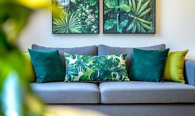 stylish living room featuring a gray sofa adorned with green accent pillows, complemented by botanical wall art. Generative Ai 