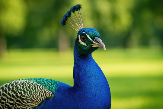 Vibrant peacock portrait captured outdoors in a park setting