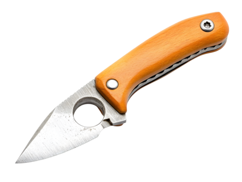 Small folding pocket knife with orange wooden handle and thumb hole blade isolated on transparent background