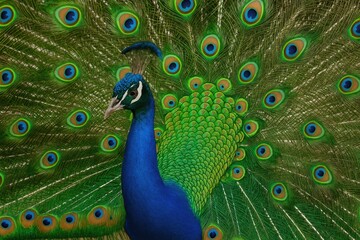 Detailed view of a peacock showcasing its stunning iridescent feathers