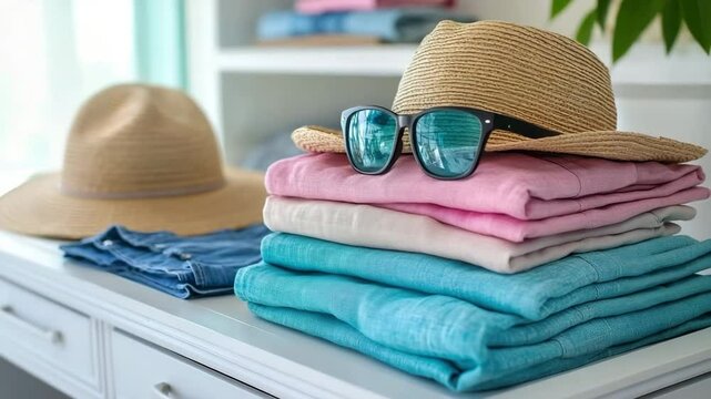 Folded colorful summer clothing, straw hat, and sunglasses white dresser for vacation preparation, stacked pastel linen shirts and travel inspiration, cheerful and relaxed mood with soft natural light