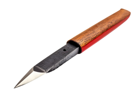 Sharp metal blade with a wooden handle and red accent isolated on transparent background