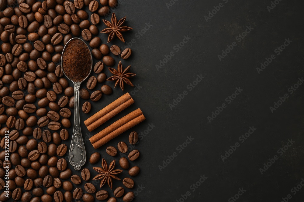 Poster ancient spices and coffee beans arranged with a rustic spoon on a dark stone surface, featuring hint
