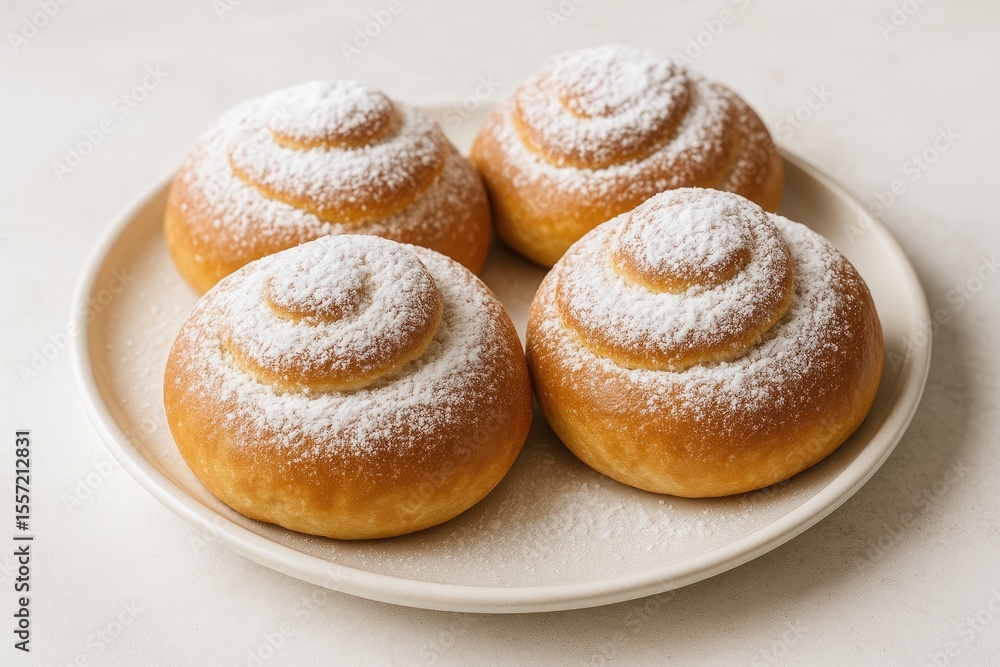 Poster tasty soft rolls topped with powdered sugar arranged on a table