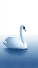 Graceful swan drifts in dreamlike azure serenity, embodying calm reflection, Midsummer Night reverie, serene summer solstice spirit