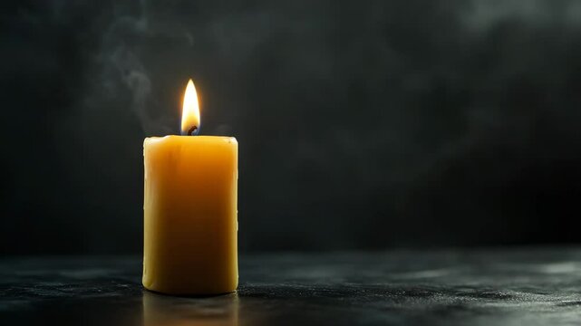 Yellow candle burning on dark background with copy space