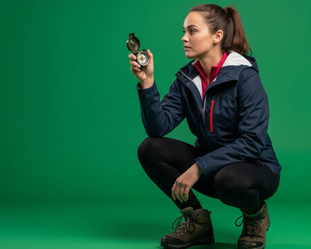 Female Hiker Holding Compass In Green Screen Setting