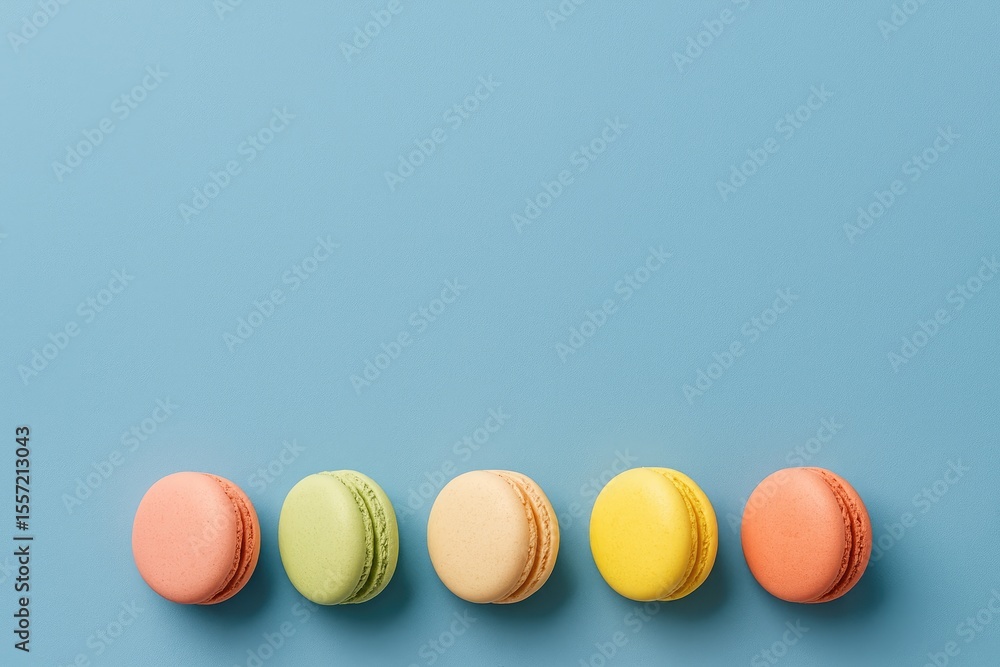 Poster vivid colored macaroons arranged on a blue backdrop with ample empty space