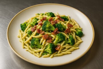 Savory trofie pasta dish featuring broccoli and bacon