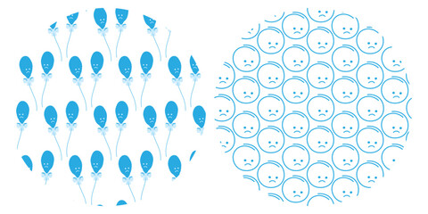 Blue Balloons with tied ribbon bow and Unhappy Smileys Seamless Patterns on Circle Backgrounds Set