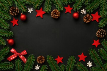 Festive holiday decor set against a dark chalkboard backdrop, captured from a top-down perspective with space for text and design accents.