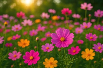 Vibrant Bloom of Cosmos Flowers in a Garden Setting