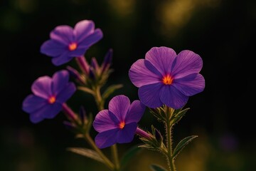 Detailed shot of violet blossoms in a sunny garden with a blurred dark background